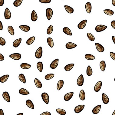 Arka planda badem desenleri var. Reklamlar, menü ve web pankartı tasarımları için vektör illüstrasyonu. Organik ve sağlıklı gıda konsepti