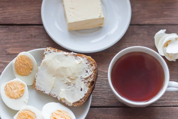 Rustic Breakfast Morning Bread Butter Boiled Eggs Tea — Stock Photo, Image