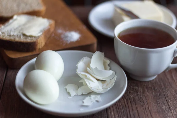 Rustic Breakfast Morning Bread Butter Boiled Eggs Tea — Stock Photo, Image