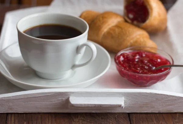 Croissants Raspberry Jam Black Coffee — Stock Photo, Image