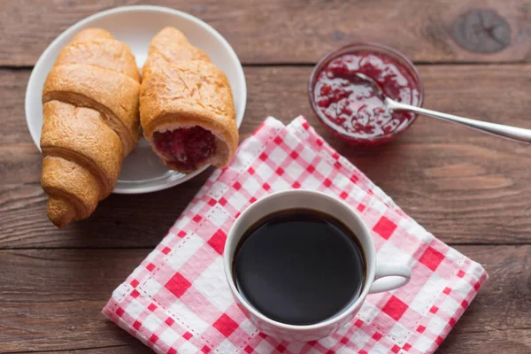 Rustic Breakfast Croissants Black Coffee Jam — Stock Photo, Image