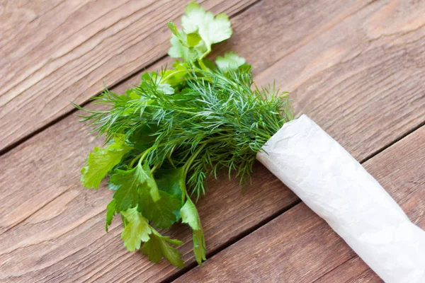 Fresh Dill Parsley Wooden Background Close Selective Focus — Stock Photo, Image