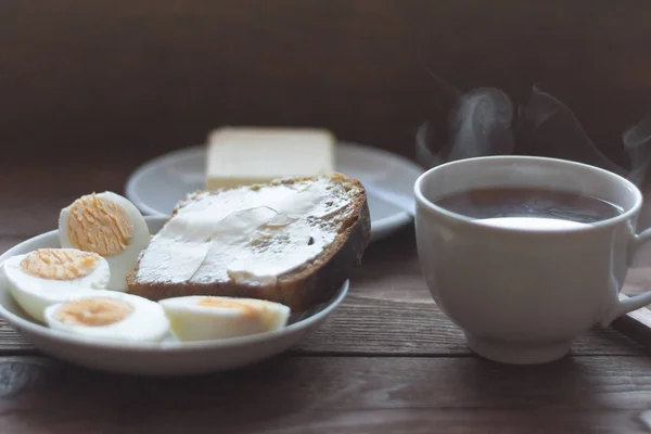 Rustic Breakfast Morning Bread Butter Boiled Eggs Tea — Stock Photo, Image