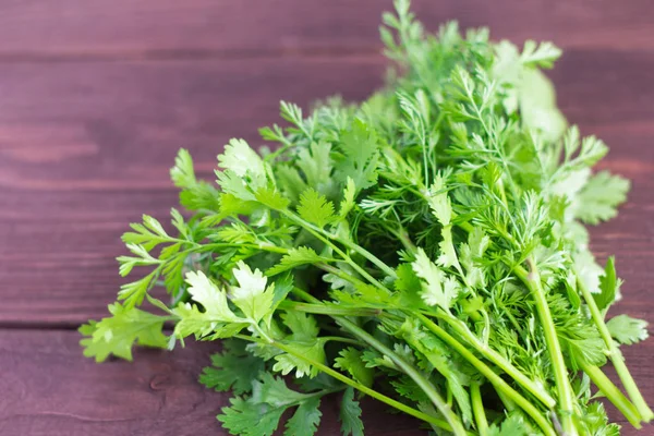 Bunch of fresh green cilantro on wooden background — Stock Photo, Image