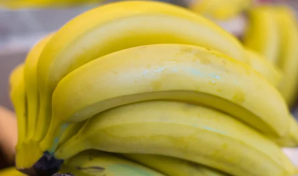 En massa bananer på disken i butiken, närbild — Stockfoto