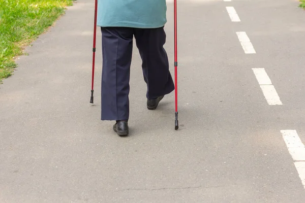 Elderly Woman Nordic Walking Sticks Walks Park — Stock Photo, Image