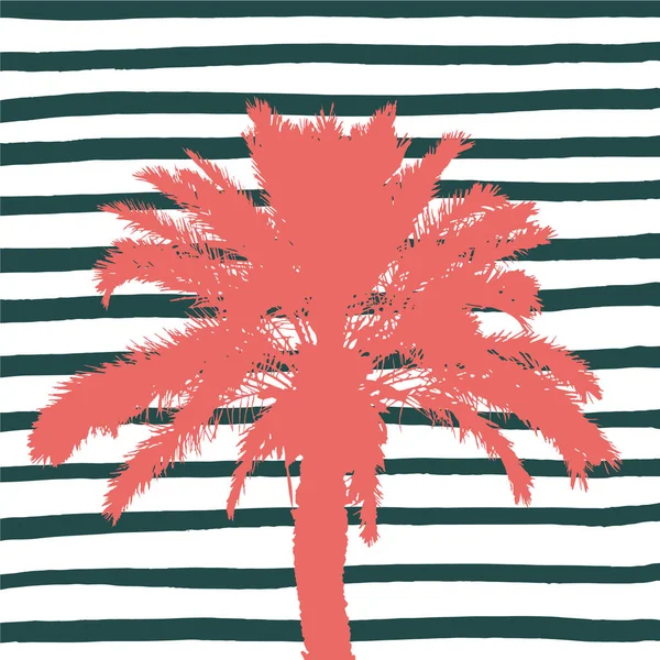 Living Coral Palm Tree Hand Drawn Stripes Vector Illustration — Stock Vector