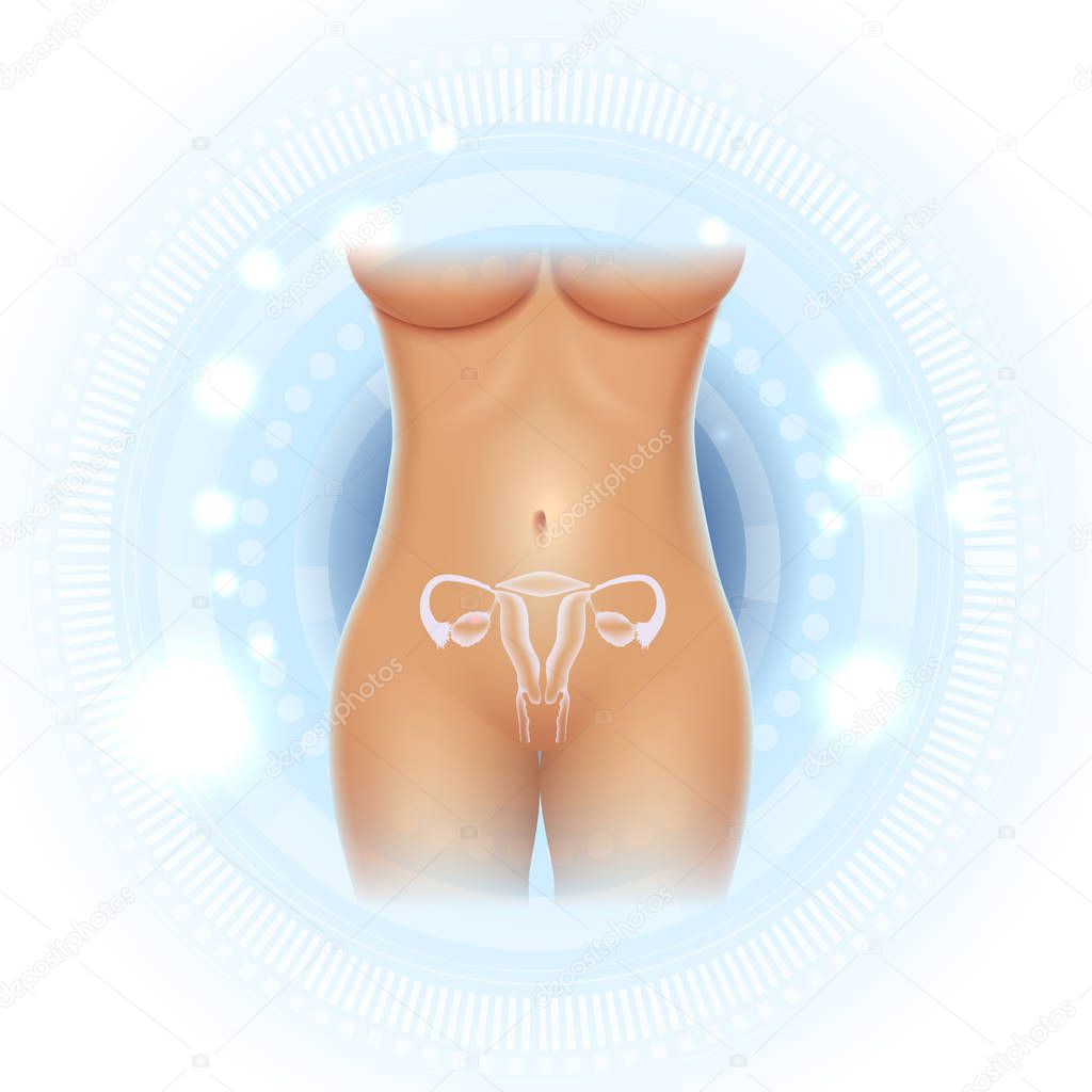 Female reproductive organs uterus and ovaries, fit body on a beautiful light blue scientific background.