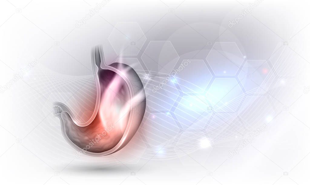Stomach disorder abstract design on a beautiful glowing background, fire inside of the stomach, pain concept