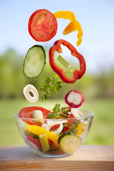 在夏日花园里用盘子做沙拉的飞行蔬菜 — 图库照片