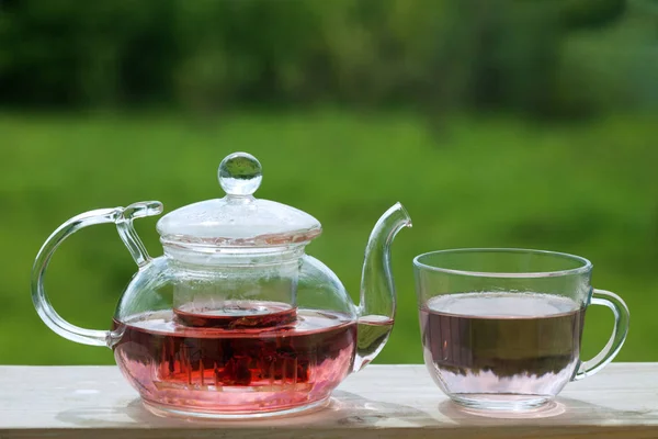 Teapot Herbal Tea Grass Background — Stock Photo, Image