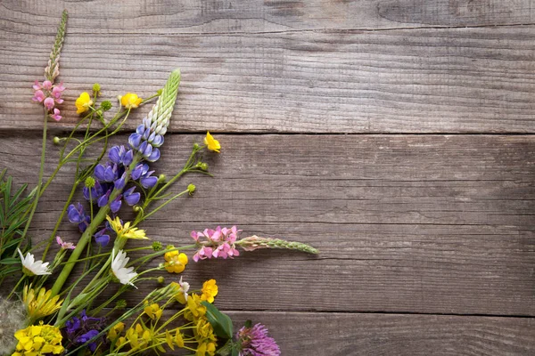 Vue Dessus Différentes Fleurs Sauvages Sur Fond Bois — Photo