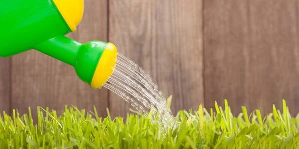 Watering Can Watering Grass Wooden Fence — Stock Photo, Image