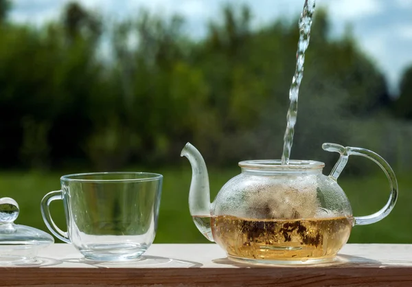 Kettle Boiling Water Tea Outdoors — Stock Photo, Image