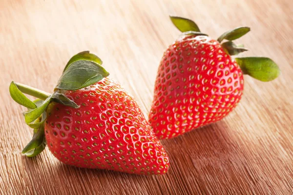 Close View Red Strawberry Wood Table — Stock Photo, Image