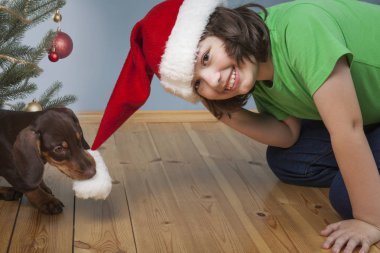 Çocuk Noel köknar-ağacı, köpek köpeğe oynamaktan yeni yıl cap adlı çocuk evde neşeli bir oyun çekiyor.