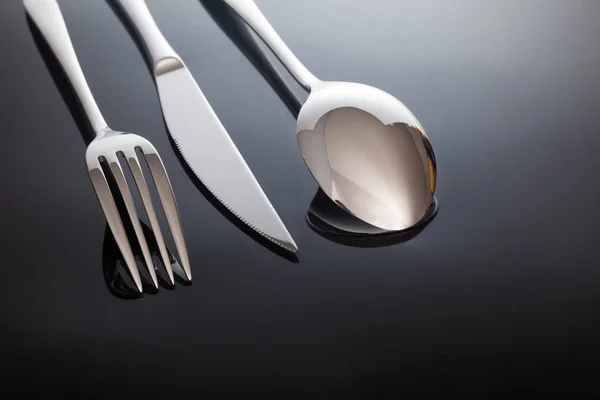 Silver Knife Fork Spoon Black Background — Stock Photo, Image