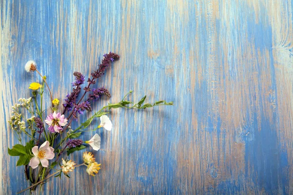 Wilde Bloemen Oude Grunge Houten Achtergrond Kamille Lupine Paardenbloemen Tijm — Stockfoto