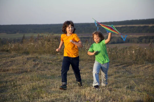 Crianças jogando pipa no verão pôr-do-sol prado — Fotografia de Stock