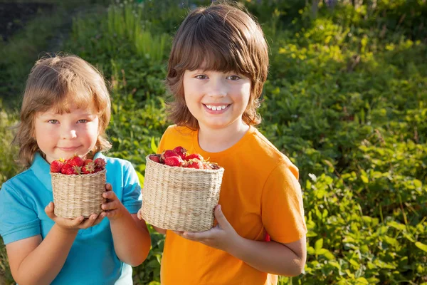 Barn med jordgubbar solig trädgård med sommardag — Stockfoto