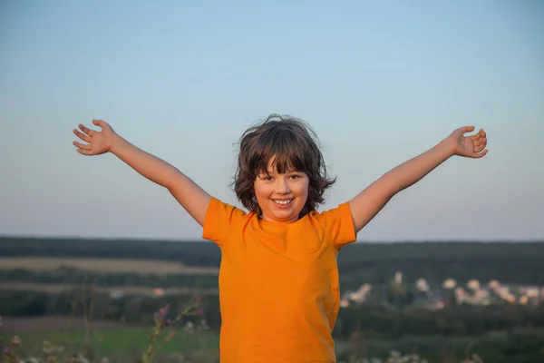 Bahar d çayırda mutlu neşeli gülümseyen çocuk portresi — Stok fotoğraf
