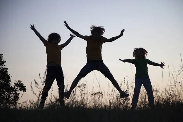 夏の夕焼け草原のシルエットでジャンプして遊ぶ子供たち — ストック写真