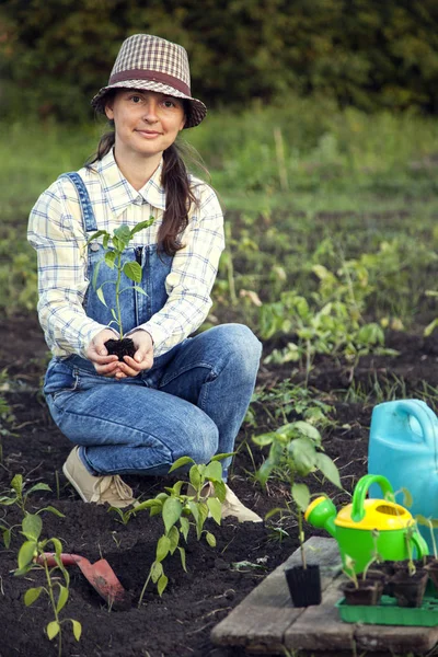 Bahçedeki kadın tohum ekiyor. — Stok fotoğraf