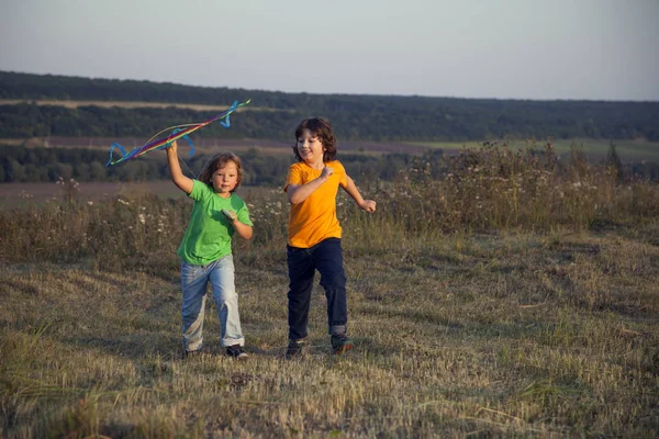 Děti si hrají draka na letní západ slunce louka — Stock fotografie