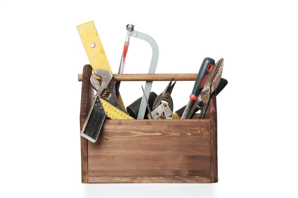 Old Carpenter Wooden toolbox with tools isolated on white — Stock Photo, Image