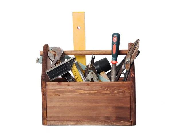 Stary stolarz Drewniany zestaw narzędzi z narzędziami izolowanymi na białym — Zdjęcie stockowe