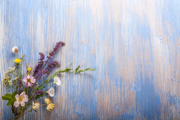 Vilda blommor på gamla grunge trä bakgrund (kamomill lupin d — Stockfoto