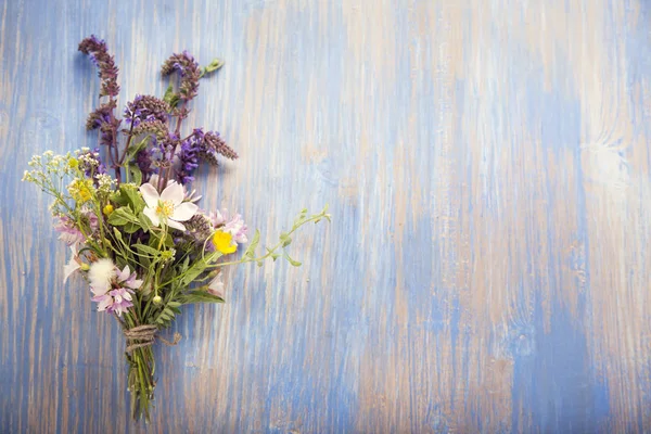 Wild flowers on blue wooden deck background (chamomile lupine da — ストック写真