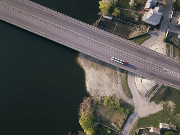 Modern bridgh with road and car, aerial top view — Stock Photo, Image