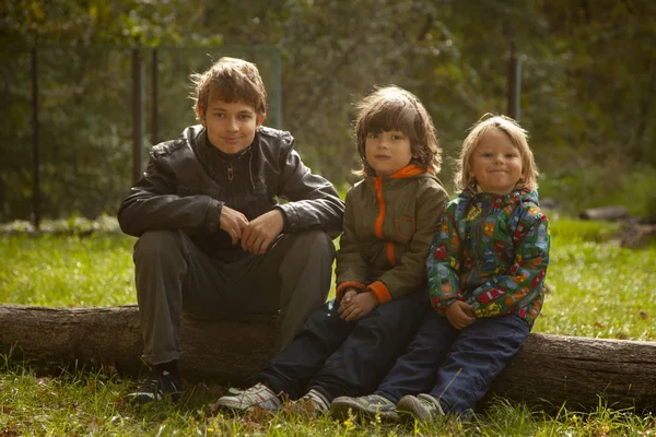 Kids in green forest playing,concept of children vacations and t — Stock Photo, Image