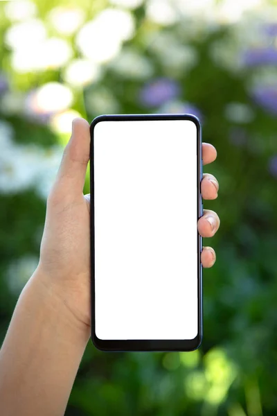 Hand Hält Schwarzen Smartphone Bildschirm Mit Modernem Rahmenlosen Design Auf — Stockfoto