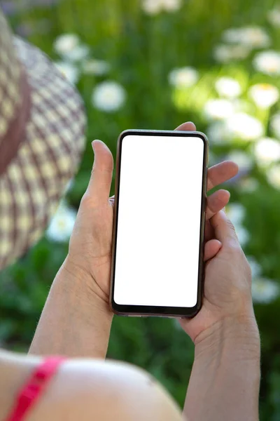 Main Tenant Écran Blanc Smartphone Noir Avec Design Moderne Sans — Photo