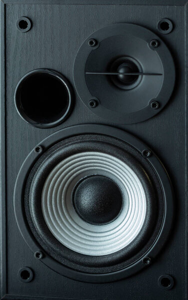 Acoustic sound speakers on black background. Multimedia, audio and sound concept. copy space.