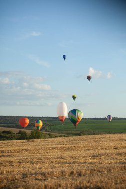 Balonlar yeşil tarlaların üzerinde uçar, tepeler yazın