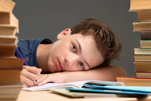 Portrait Upset Schoolboy Looking Textbook Homework — Stock Photo, Image