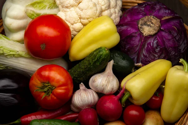 Different Organic Fruits Vegetables Wooden Table Back Food Background Assortment — Stock Photo, Image