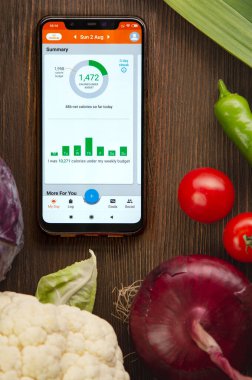 Kaybet onu! Akıllı telefondaki kalori sayacı. Tablet Bilgisayar ve Sebze üzerine Diyet Planı. Belgorod, Rusya - AUG, 2, 2020: