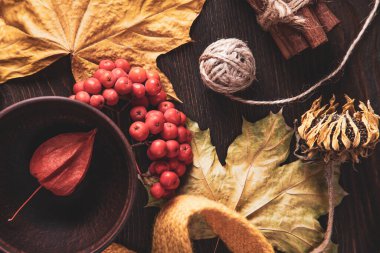 Şükran Günü 'nde kırmızı ve turuncu yapraklar ve eski ahşap arka planda böğürtlen. Üst görünüm sonbahar arkaplanı