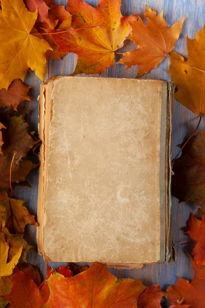 Stare Zabytkowe Książki Drewnianym Stole Jesiennymi Liśćmi — Zdjęcie stockowe