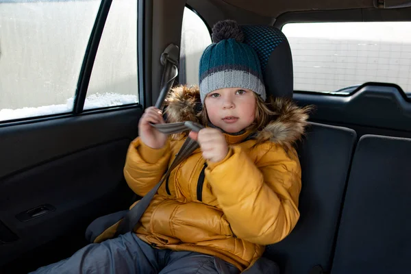 Arka Koltuktaki Arabada Mutlu Çocuklar Kış Gezisinde — Stok fotoğraf