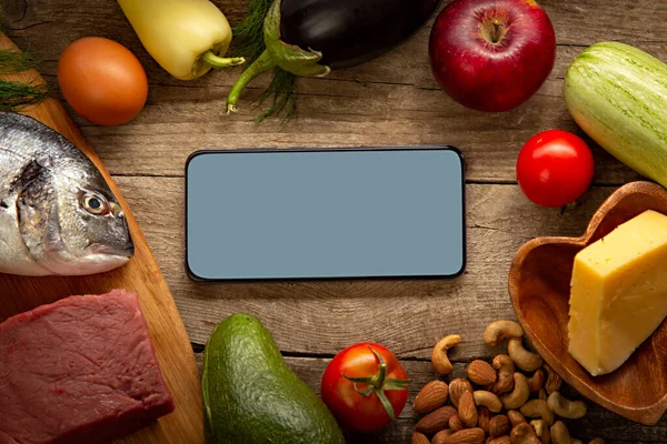 Keto Inscrição Dieta Comida Smartphone Produtos Saudáveis Conceito Dieta Baixo — Fotografia de Stock
