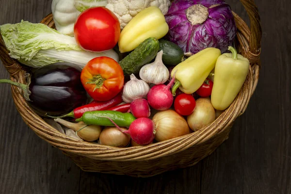 Different Organic Fruits Vegetables Basket Wooden Table Back — Stock Photo, Image