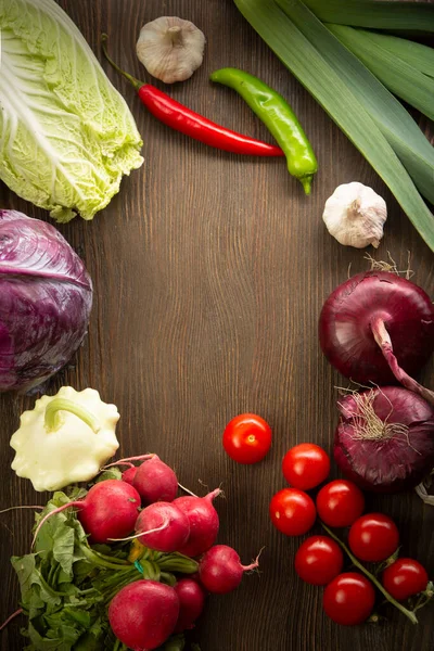 Cibo Sano Ortaggi Frutta Crudi Biologici Sullo Sfondo Legno Vista — Foto Stock