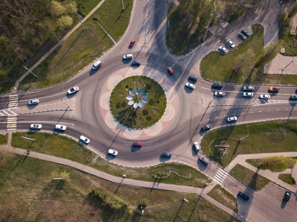 Highway Intersection Junction Summer Morning Car Aerial Top View — Stock Photo, Image