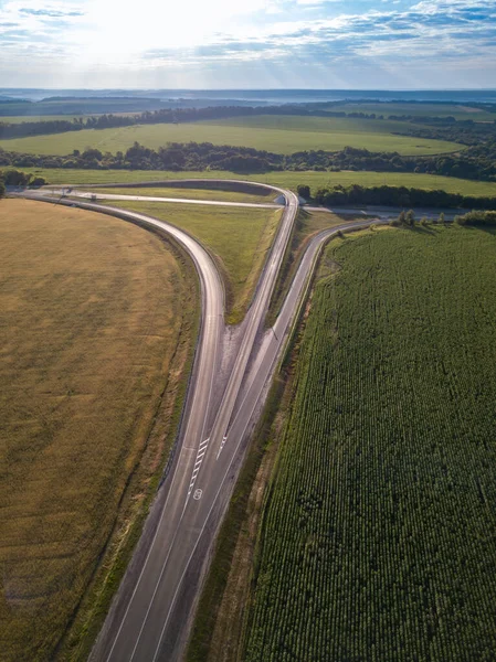 Vue Aérienne Haut Intersection Autoroute Matin Été Avec Voiture — Photo