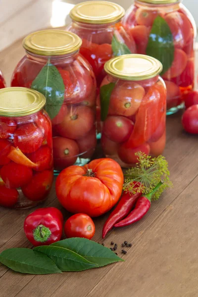 Preserves Vegetables Glass Wood Background Marinated Fermented Pickled Fermer Food — Stock Photo, Image